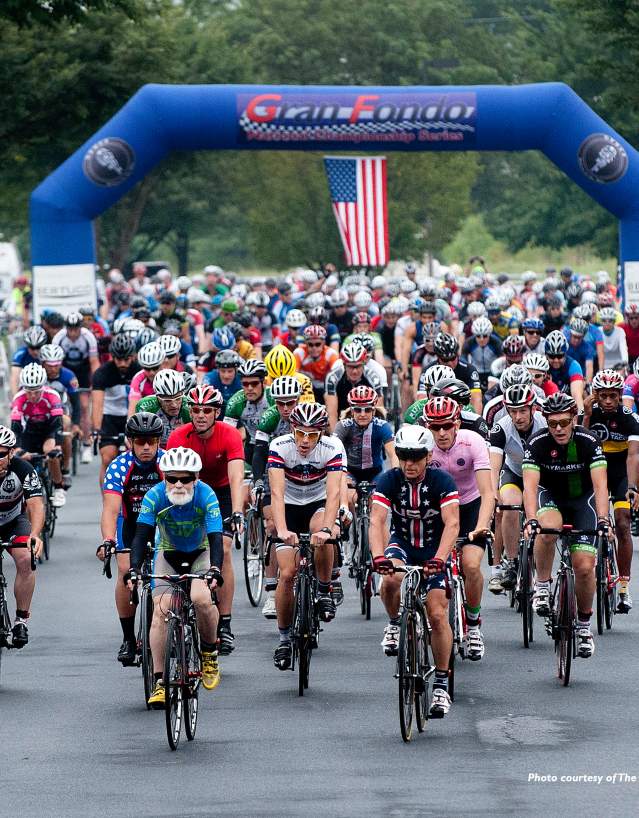 Nearly 400 bicycles leave the starting point on Thomas Johnson Court early Sunday morning to begin the Frederick Gran Fondo race. The competitors raced in 30, 60 or 100 mile races. In gran fondo racing, however, all racers begin at the same time. The course is also not run start to finish  cyclists race through four timed sections, and the winner is declared based on the times earned in each section.