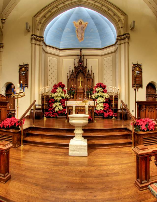 Inside of a church decorated for Christmas during the Historic Houses of Worship