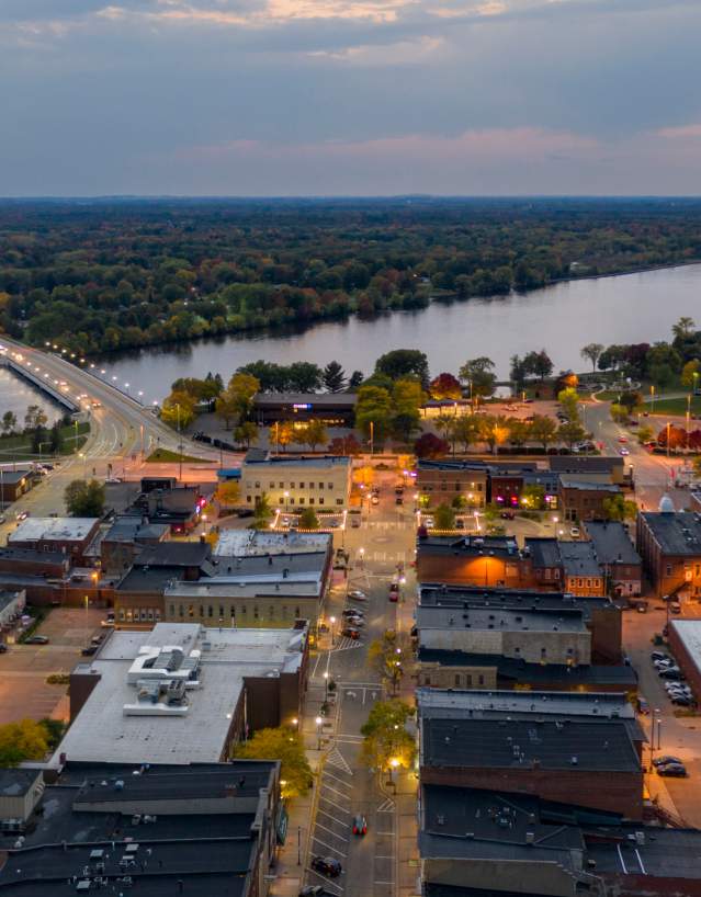 A birds eye view of the Wisconsin River, heading west near Downtown Stevens Point.