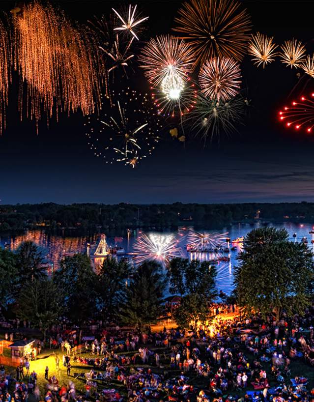 downtown fireworks over river during festival