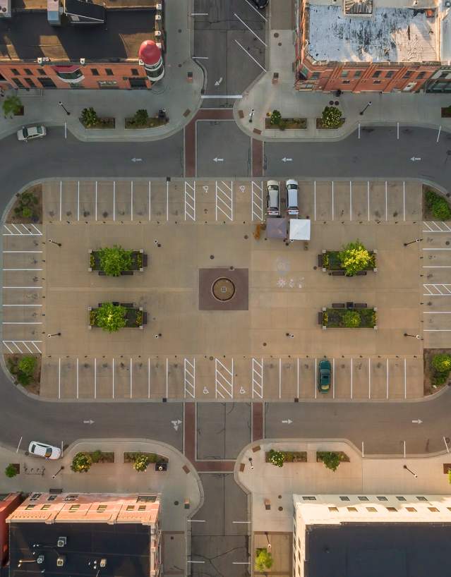 drone shot of the downtown square