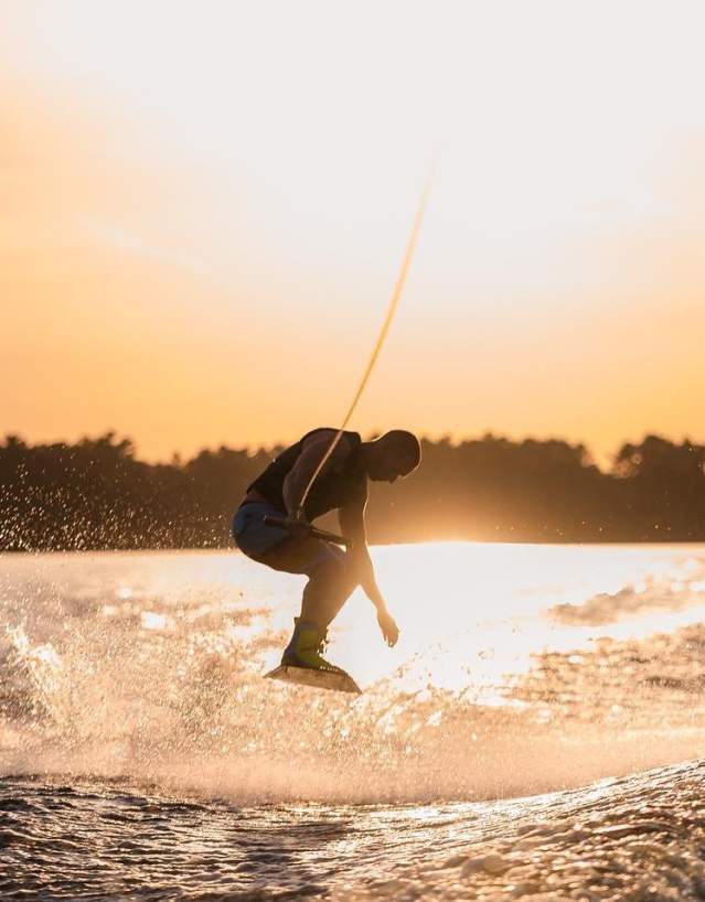 sunset, water, wake boarding, boating