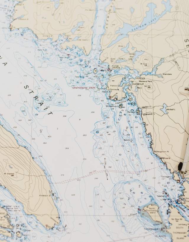 A map of the Sunshine Coast, centred on the waters around Pender Harbour.