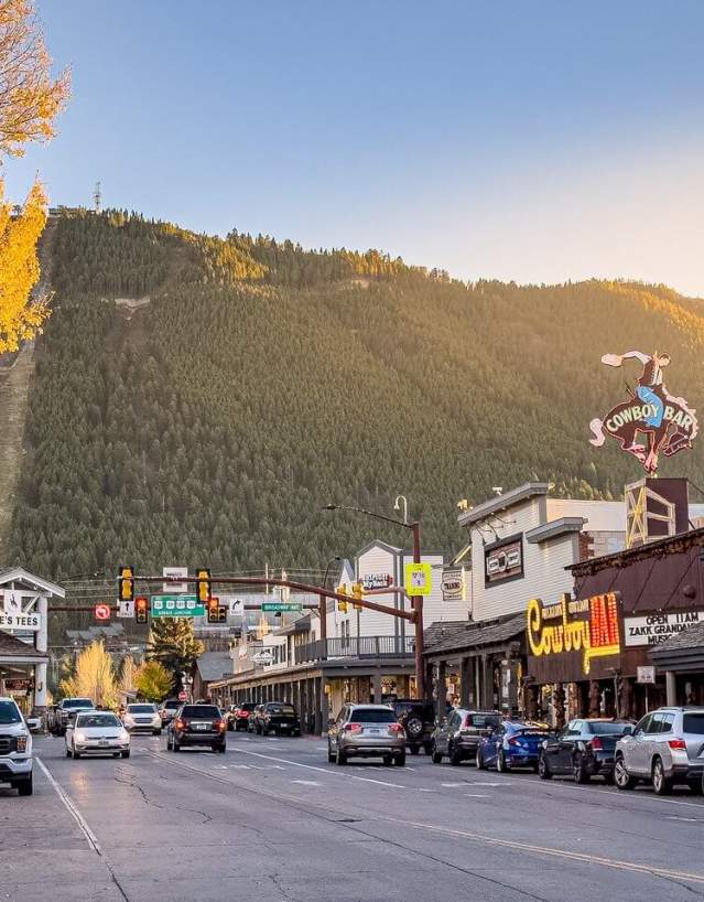 Charming downtown Jackson Hole with shops and mountain views in Teton County, Wyoming.