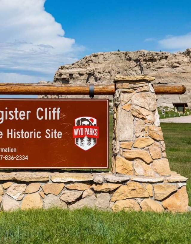 Historic Register Cliff with engraved pioneer names in Guernsey, Platte County, Wyoming.