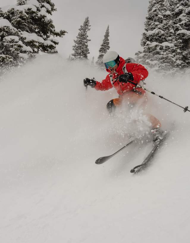 A skier carves through deep powder in a snow-covered evergreen forest near Jackson, Wyoming. Fresh snow sprays around the skier as they descend through the trees, highlighting powder skiing and winter recreation in Teton County.