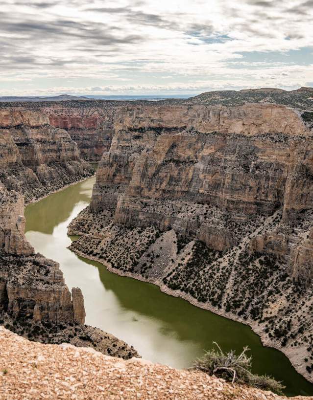 Dramatic cliffs and water below at Bighorn Canyon National Recreation Area in Big Horn County, Wyoming.