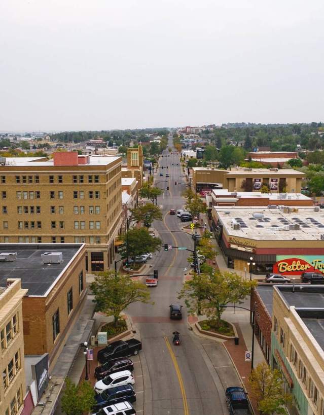 Overhead view of downtown Casper, Wyoming, showcasing historic buildings and quiet streets in Natrona County.