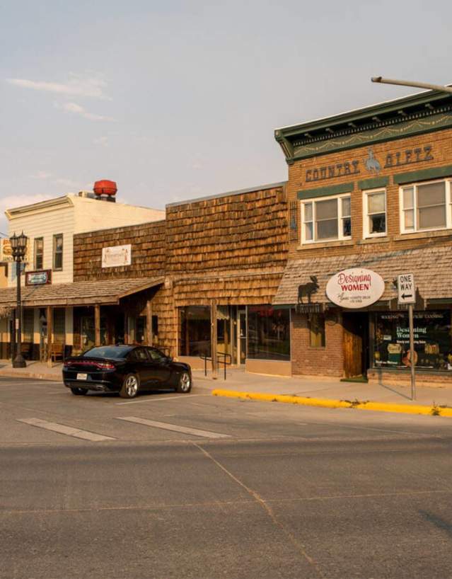 Historic downtown Kemmerer, Wyoming, featuring charming storefronts and a small-town atmosphere.