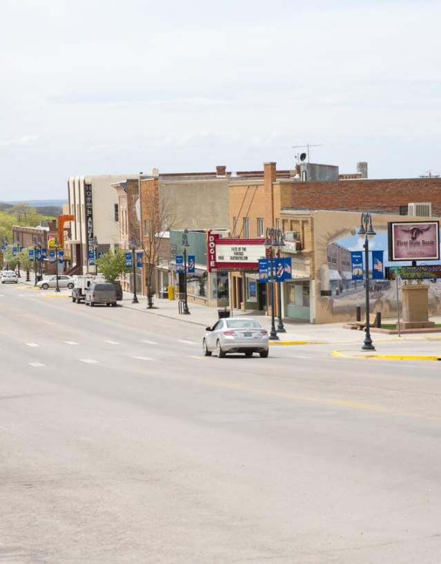 Quaint downtown Newcastle with historic buildings and a small-town atmosphere in Weston County, Wyoming.