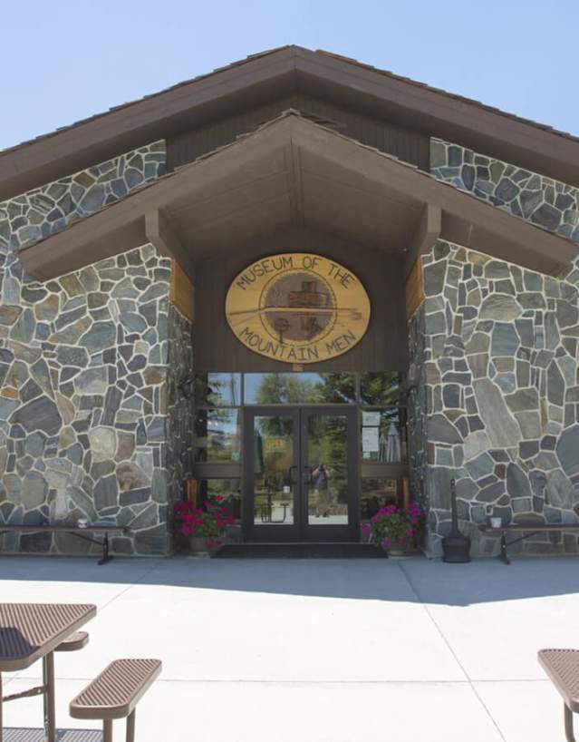 Exterior of the Museum of the Mountain Man with picnic tables in Pinedale, Sublette County, Wyoming