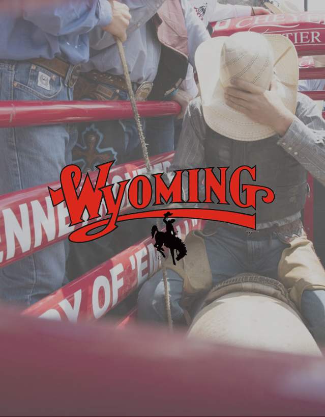 Team Wyoming logo against cowboy in chute at rodeo arena.