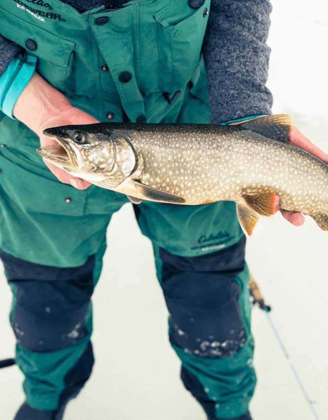 Angler ice fishing on a frozen lake with fish in hands in Wyoming.