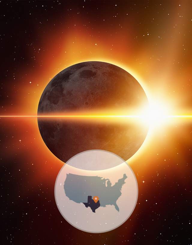Lunar eclipse with a map of Irving, Texas in North America.