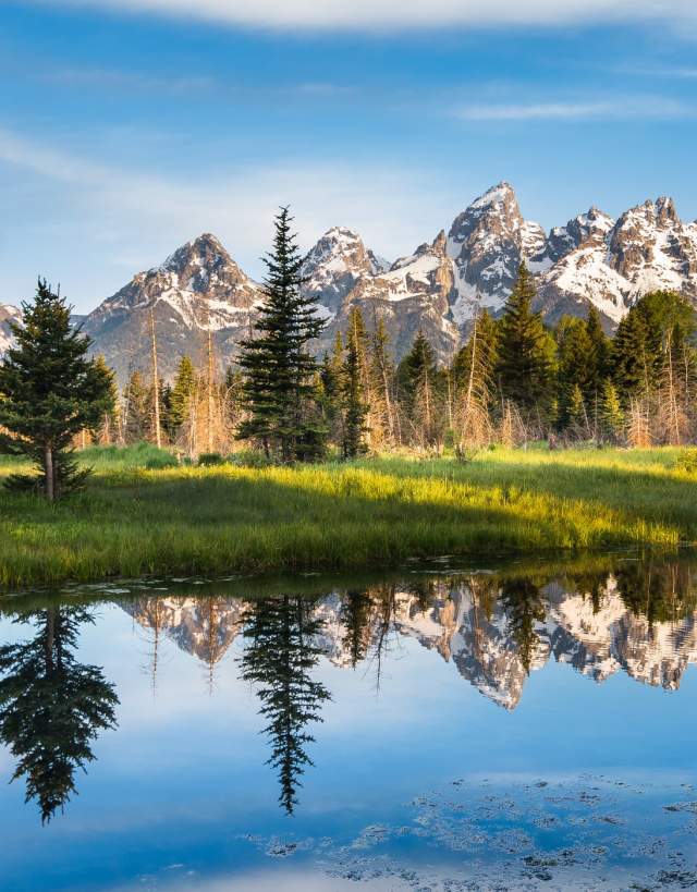 Snowy mountain rage and forest reflected in water below