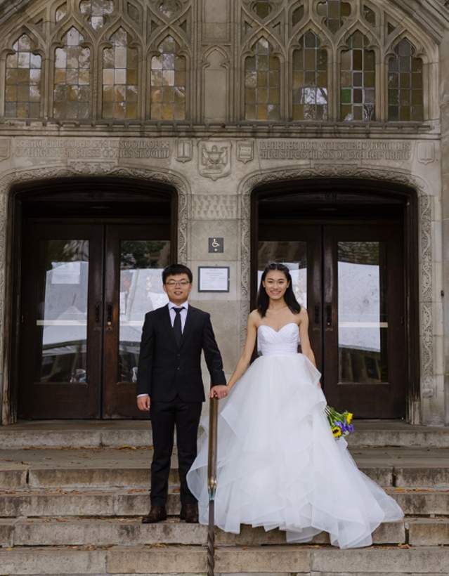 Bride and Groom on step of U-M Law Quad