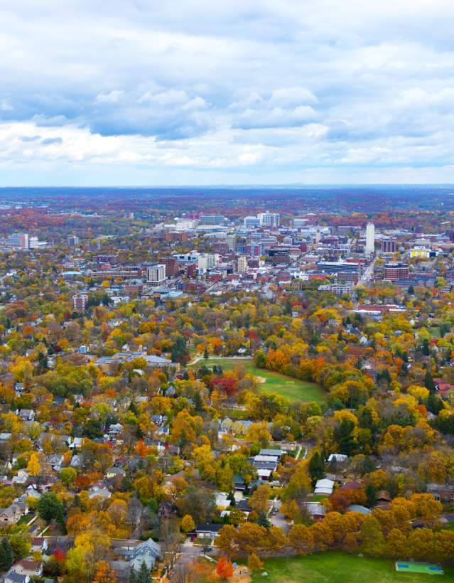 Aerial photo of Ann Arbor area in fall