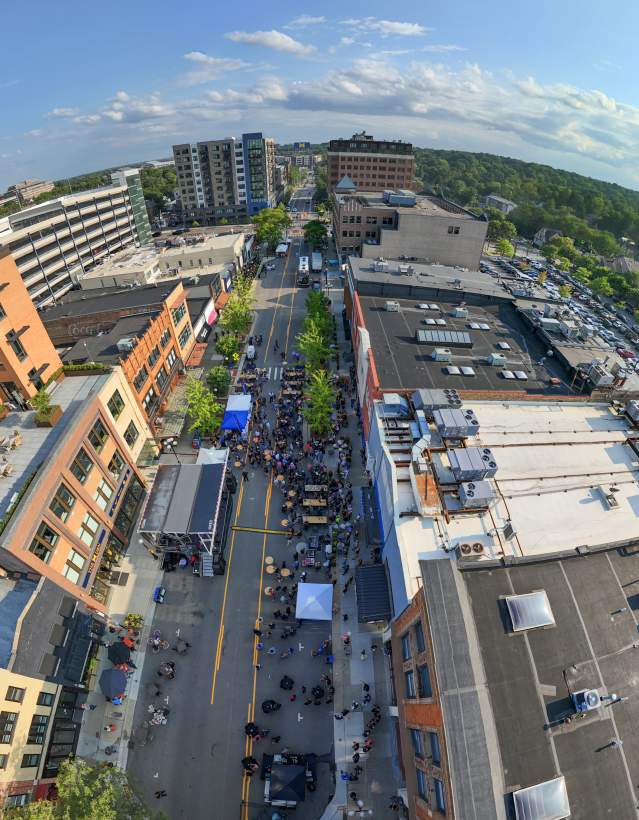 Fisheye aerial view of Main Street in downtown Ann Arbor