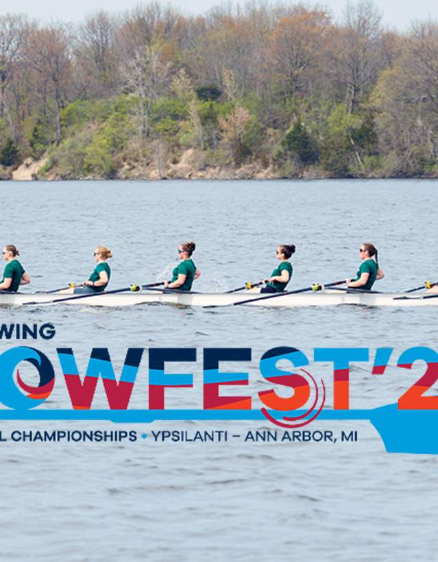 Female rowers on lake with RowFest '2025 logo below
