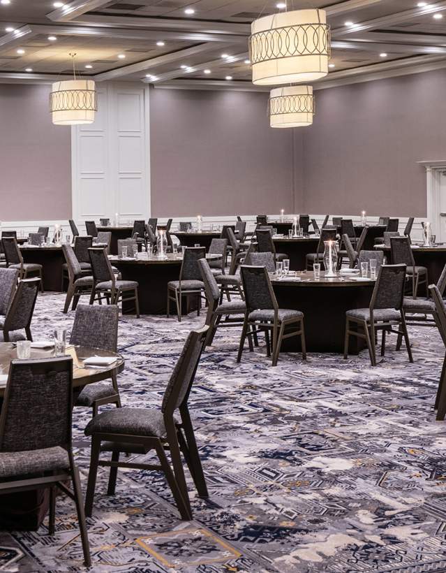 Empty hotel ballroom set up for formal event at Sheraton Ann Arbor