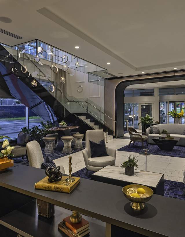 Bright, colorful, stylish hotel lobby with high-end finishes