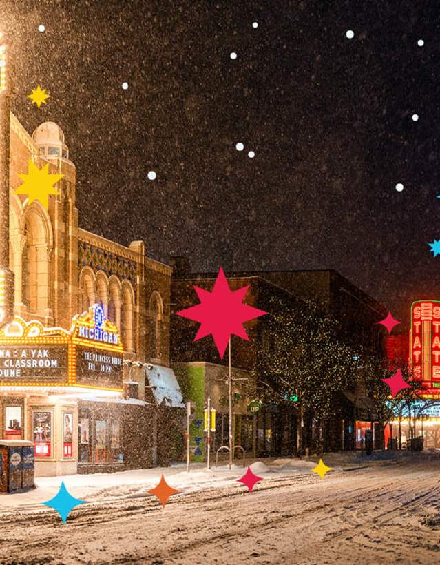 Snowy Scene of Liberty Street in Ann Arbor with colorful graphics