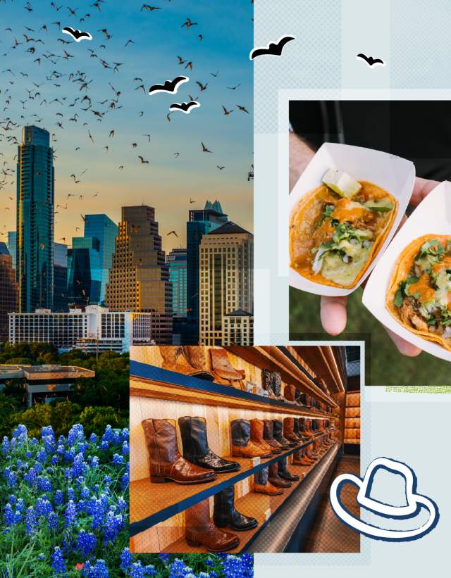 Collage of Austin icons like the skyline, wildflowers, live music and tacos.