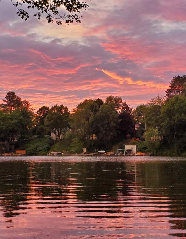 A lake with a pontoon boat and dock reflecting a pink sunset with green trees in the background.