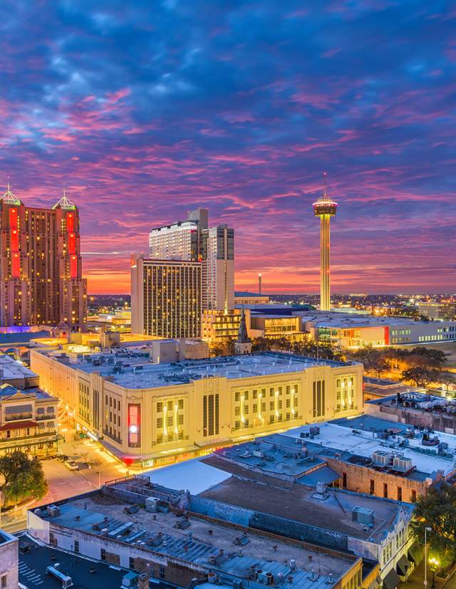 Overhead view of San Antonio skyline at dusk