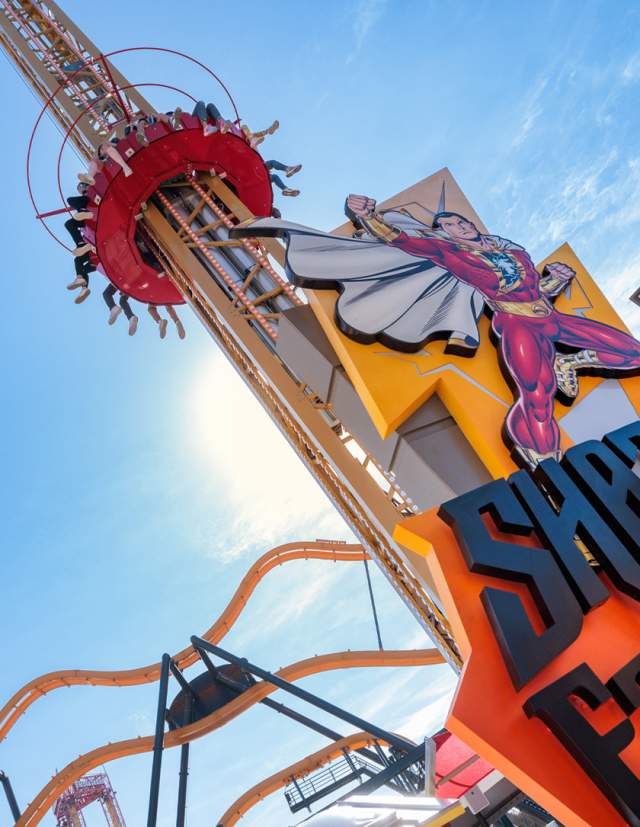Tilted view of tower ride at Six Flags Fiesta Texas.