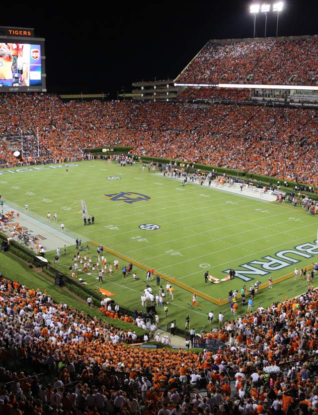 drone shot of Jordan-Hare Stadium