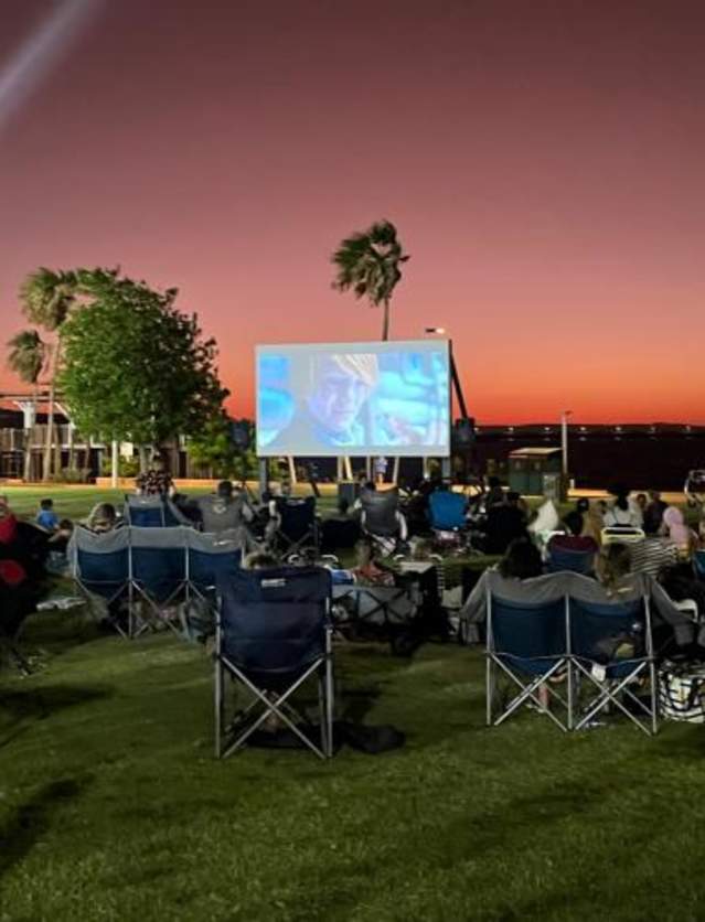 Movie showing on a big screen at the Dampier Twilight Markets