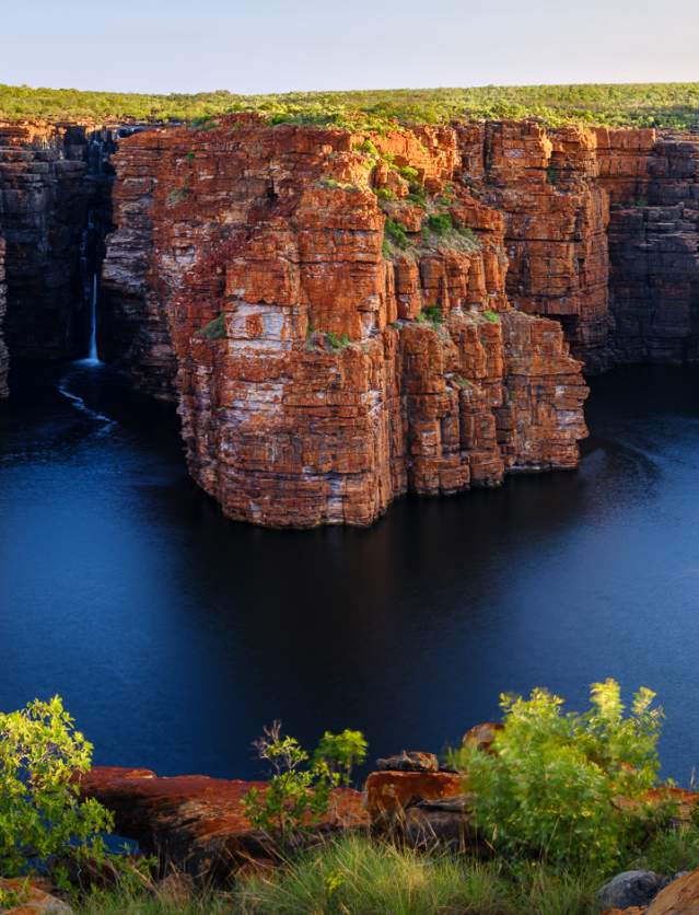 A view of the twin waterfalls at King George Falls on the Kimberley coast, taken from a viewing point on land directly opposite the falls
