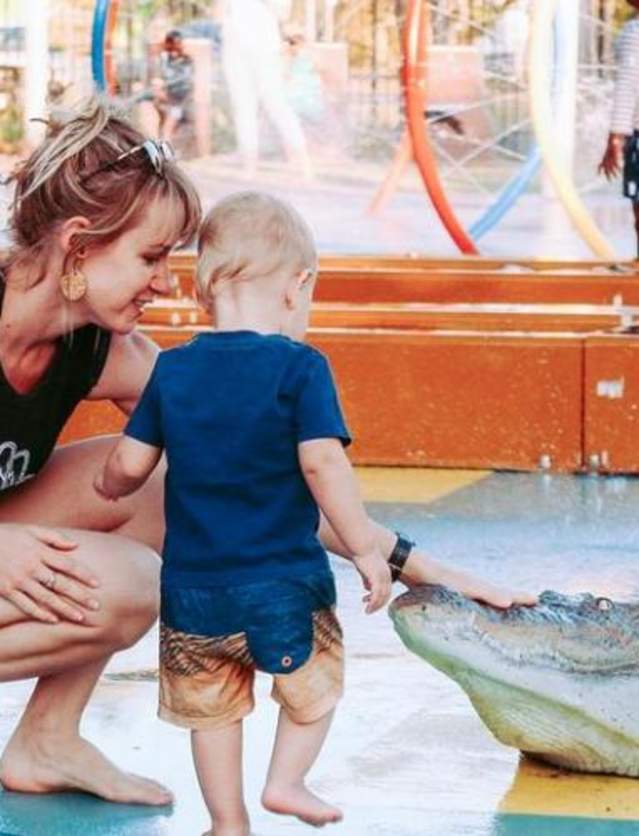 A child and mother at the Kununurra Splashpark