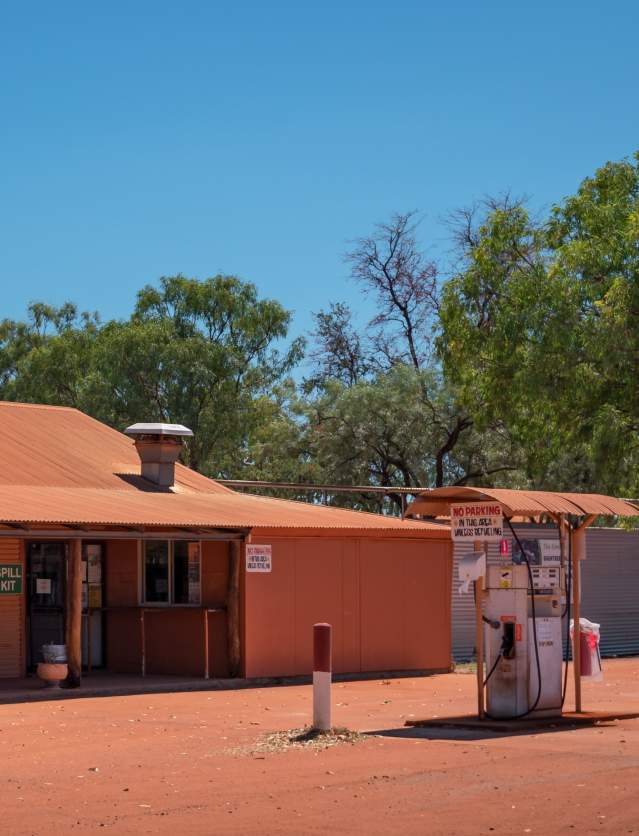 View of the exterior of the Mt Barnett Roadhouse and fuel bowsers on the Gibb River Road