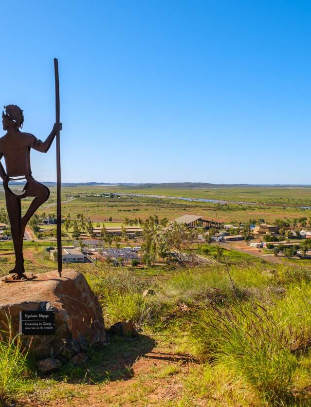 Taken from Mt Welcome, the images shows one of the sculptures looking across the town below
