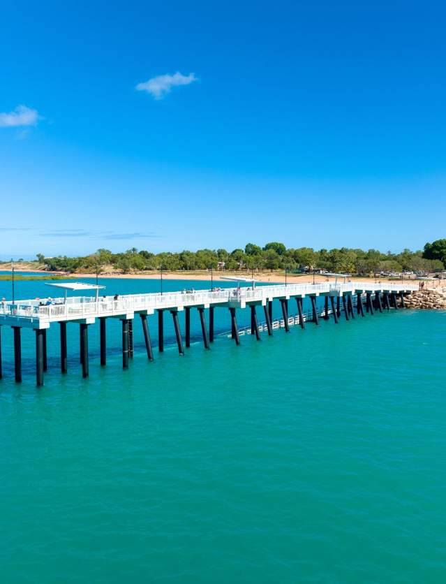 Taken from the water, the images shows the jetty at Town Beach Broome stretching back to shore
