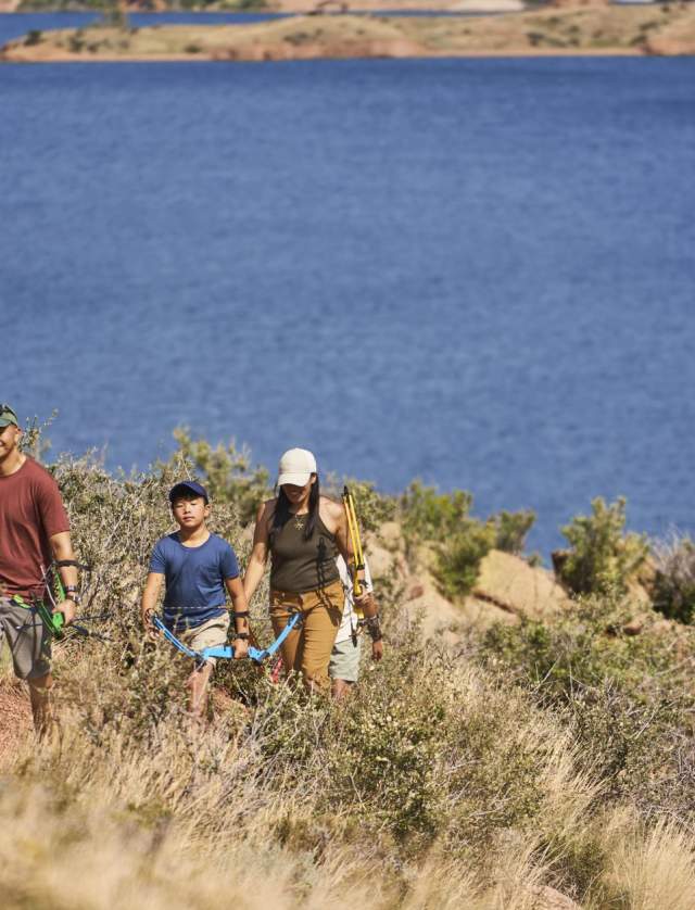 Family enjoying a hike at Curt Gowdy State Park.