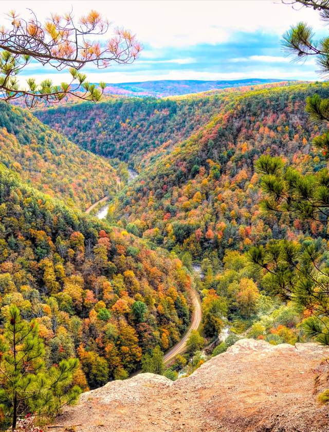 Landscape view looking out over a river gorge with fall foliage