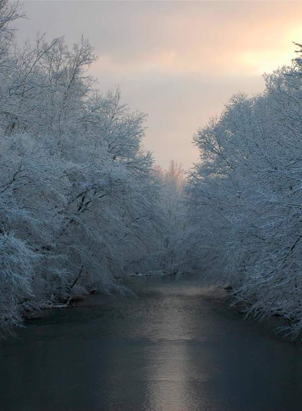 snow river sunset