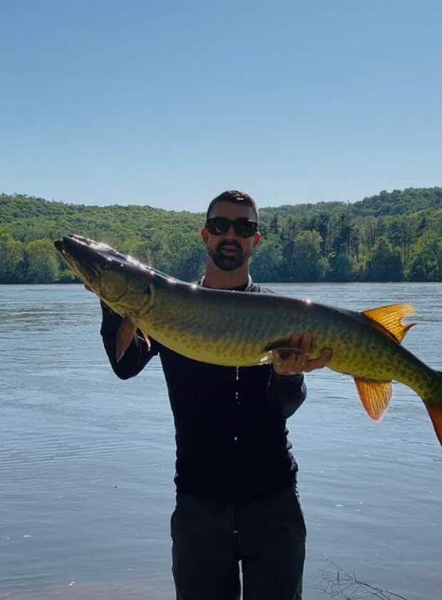 Local fishing expert, Vincent Stuter, holding a giant Muskie fish he caught on the Susquehanna River
