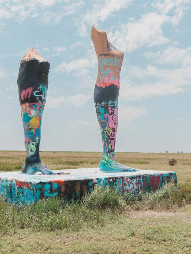 Two giant legs in the middle of no where in Amarillo, Texas called Ozymandias