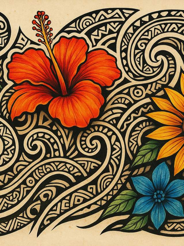 Image shows Polynesian art with various flower drawings in red, blue, yellow to represent tattoo artwork
