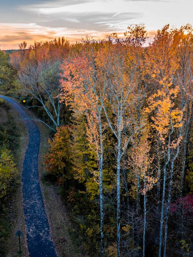 A paved path weaves through fall-colored trees in Ben Geren Regional Park in Fort Smith.