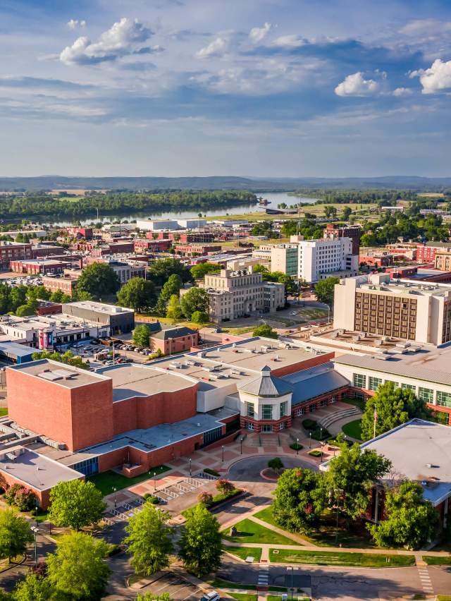 The sun shines across downtown Fort Smith, showcasing the Convention Center and surrounding areas.