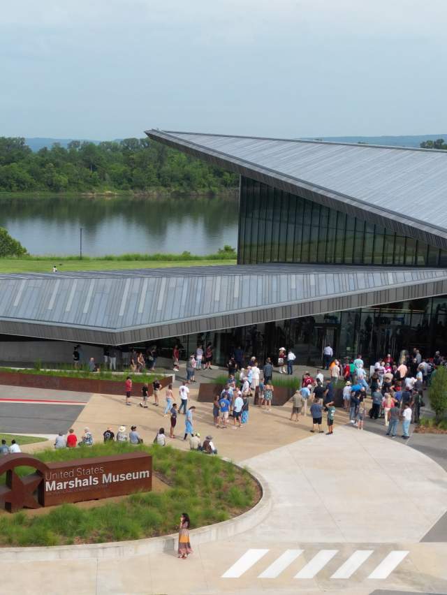A group waits outside the U.S. Marshals Museum in Fort Smith, ready for their tour.