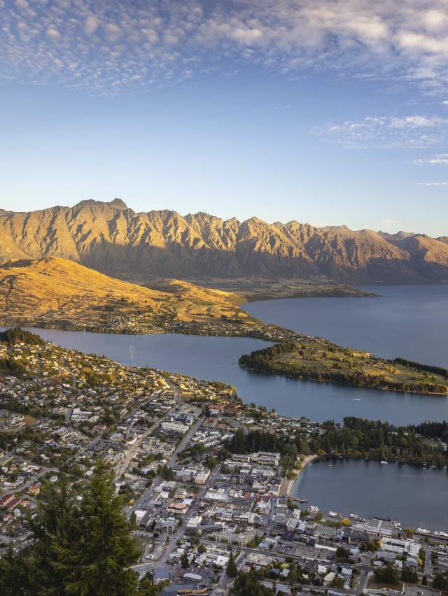 Wide view of Queenstown, Lake Whakatipu and the Remarkable Mountains from above
