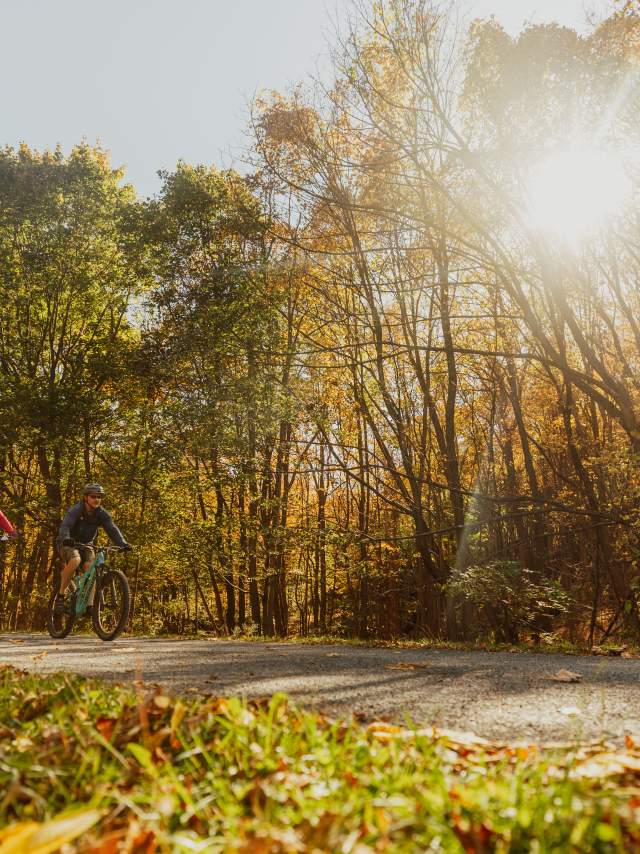 A man and a woman are each on their own bike. peddling along the Great Allegheny Passage in the fall.