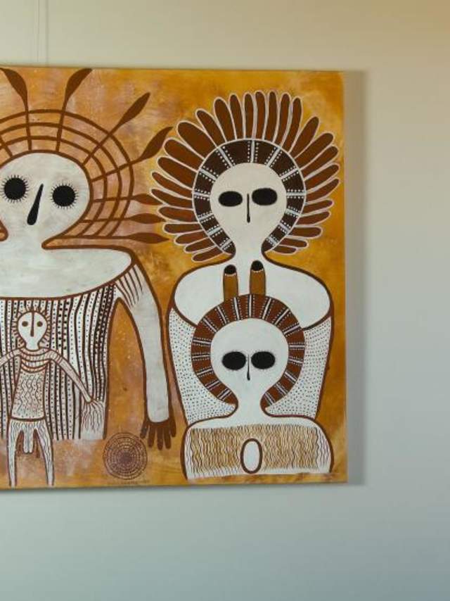 Wandjina artworks by Donny Woolagoodja (left) and Pudja Barunga at the Mowanjum Centre in Derby