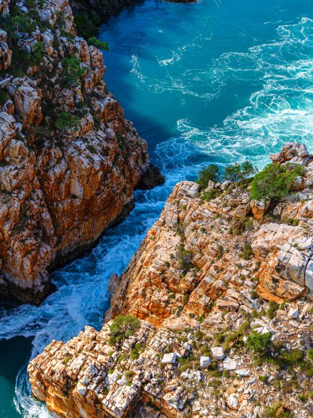 Aerial view of the tide flowing through Garaan-ngaddim Horizontal Falls in Dambimangari country on the Kimberley Coast